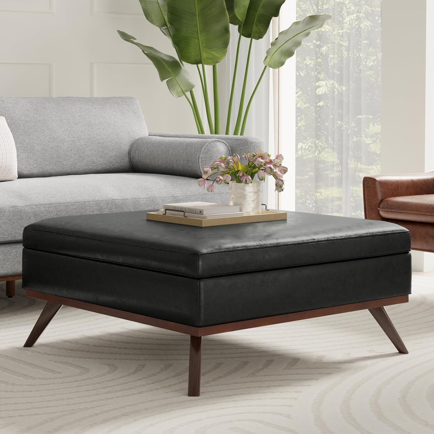 SIMPLIHOME Owen XL Square Coffee Table Storage Ottoman - 40 inch Wide Upholstered Vegan Leather Lift-Top Ottoman in Distressed Black, Mid-Century Modern Ottoman for Living Room with Ample Storage
