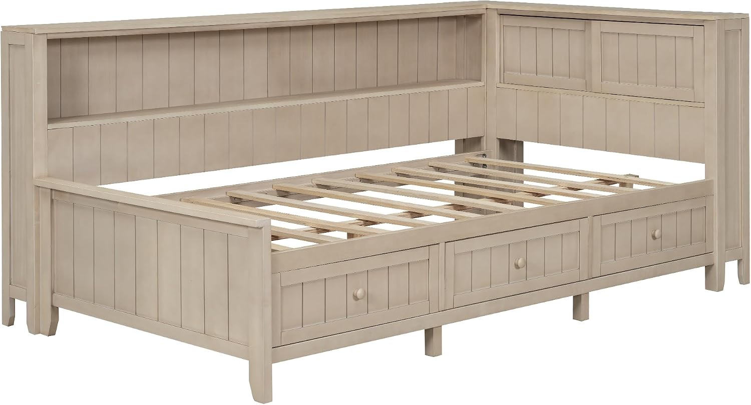RuiSiSi Twin Daybed with Storage Drawers, Wood Twin Size Corner Bed Frame with Storage Shelves and Headboard, White Milk
