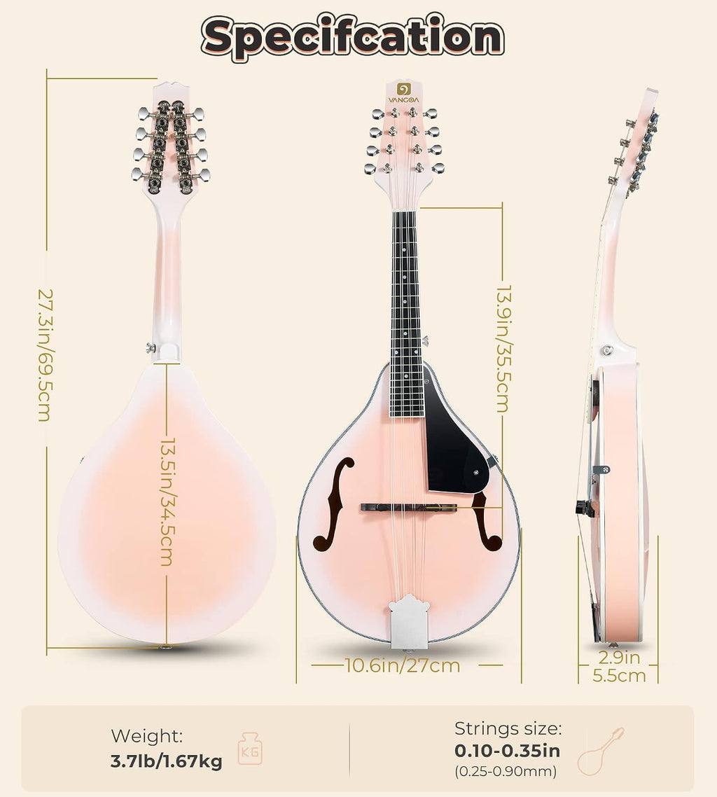 Vangoa Mandolin instrument A Style Mandolin Musical Instrument for Beginners Kids Adults, 8 String Acoustic Mahogany Starter Kits, Pink