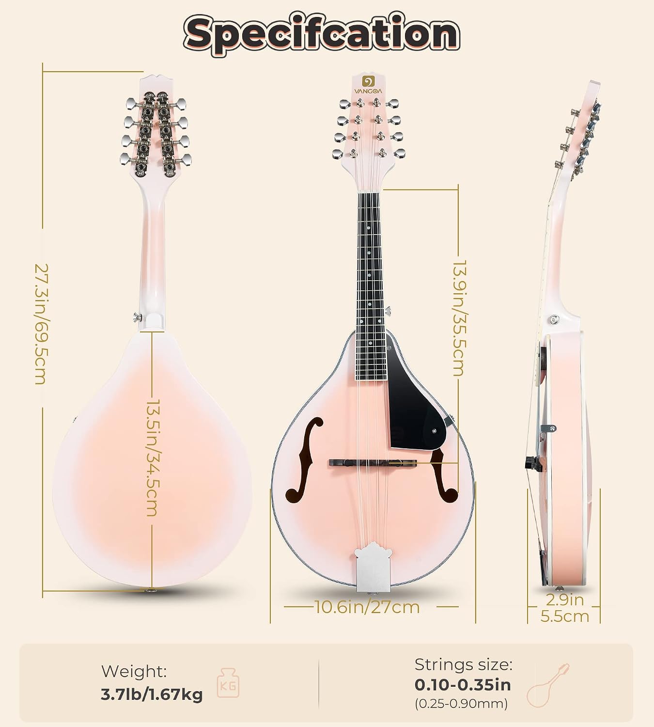 Vangoa Mandolin instrument A Style Mandolin Musical Instrument for Beginners Kids Adults, 8 String Acoustic Mahogany Starter Kits, Pink