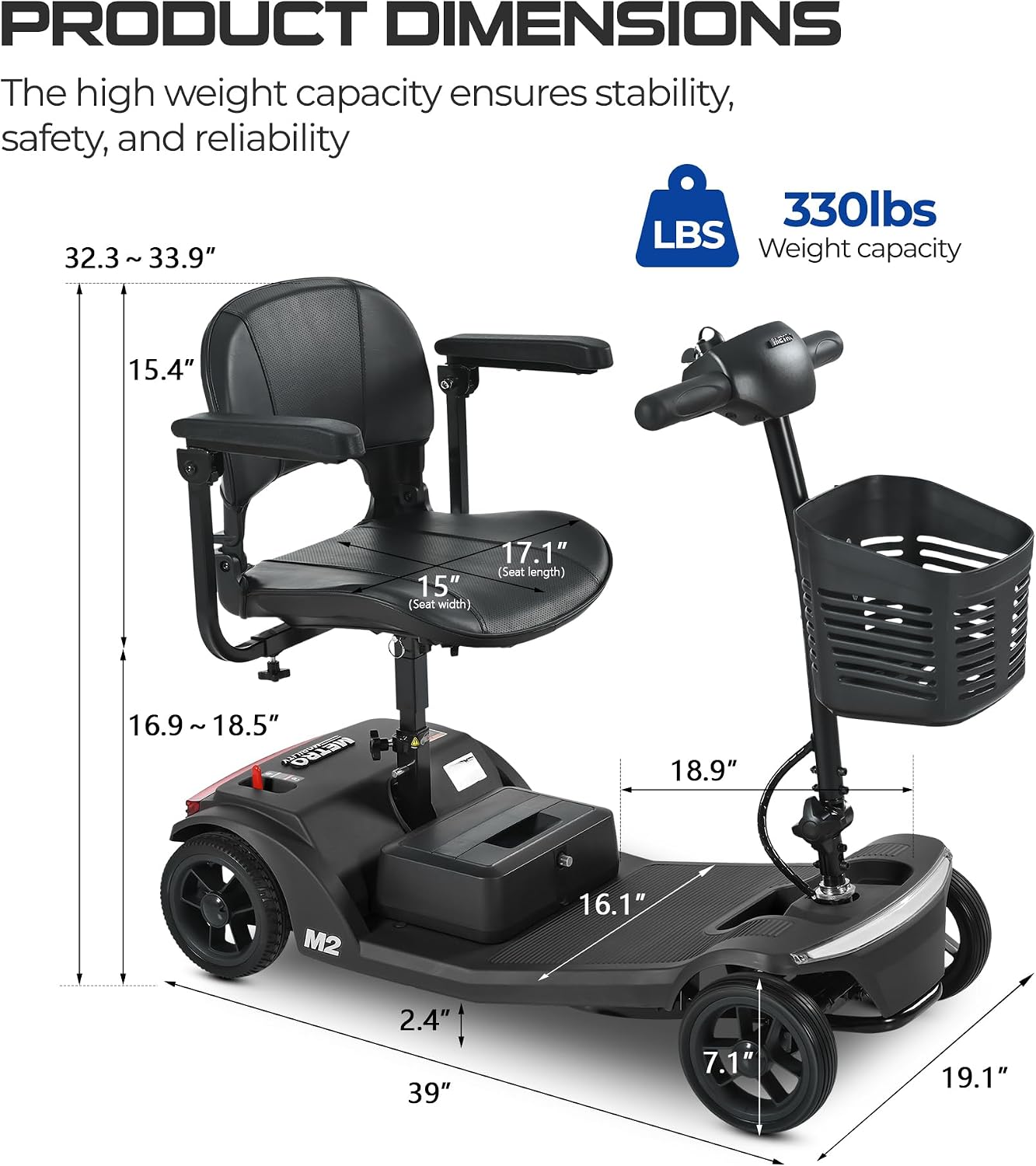 4-Wheel Folding Scooter - Electric Mobility Device for Seniors & Adults, 330lbs Max Weight, 10-15miles Per Charge Electric Powered Wheelchair Power Scooters Black