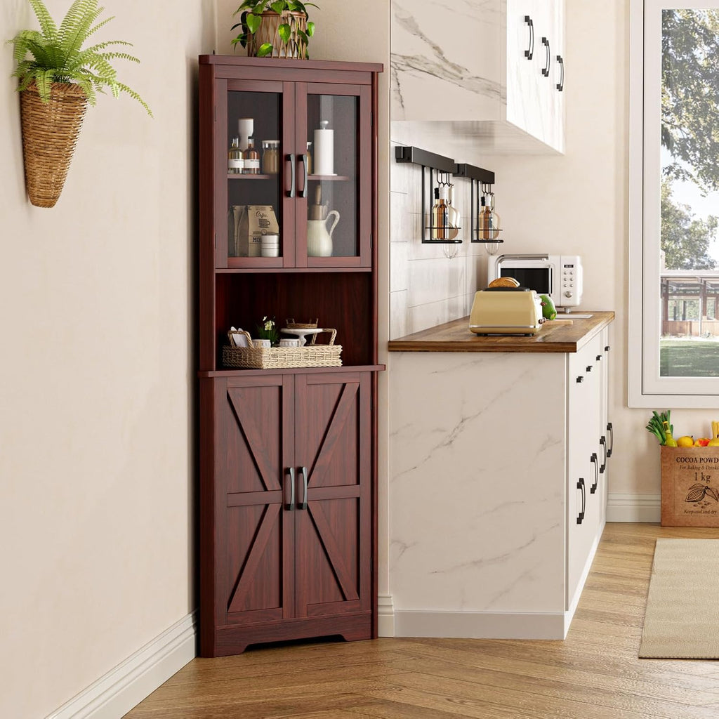 FiveWillowise 67''H Dark Brown Tall Corner Storage Cabinet with 4 Tempered Glass Doors and Barn Doors, Home Space Saver Decoration Farmhouse Cabinet with 2 Adjustable Shelves for Kitchen, Living Room