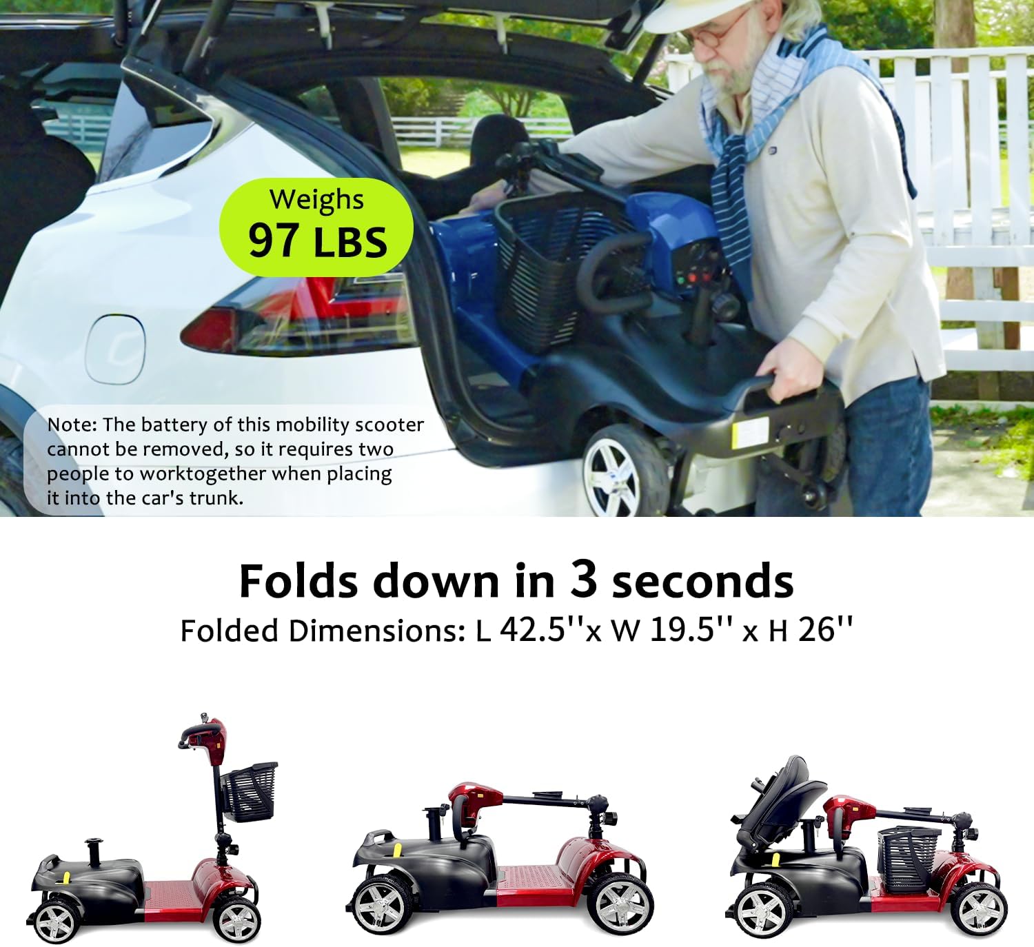SAYYEAH 4 Wheels Mobility Scooter for Adults&Seniors, Max Speed:6mph, Mobility Scooter for Travel, with LED Headlights and Basket, Charger Included, (Purple/red/Blue/Silver) (RED)