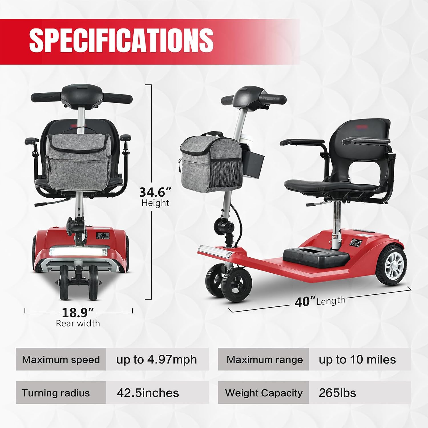 Mobility Scooters for Seniors & Adults 350 Lb Weight Foldable,All-Terrain 4-Wheel Powered Scooter,Lightweight Portable Folding Design,Disability Electric Wheelchair,w/Led Lights,15Miles,red