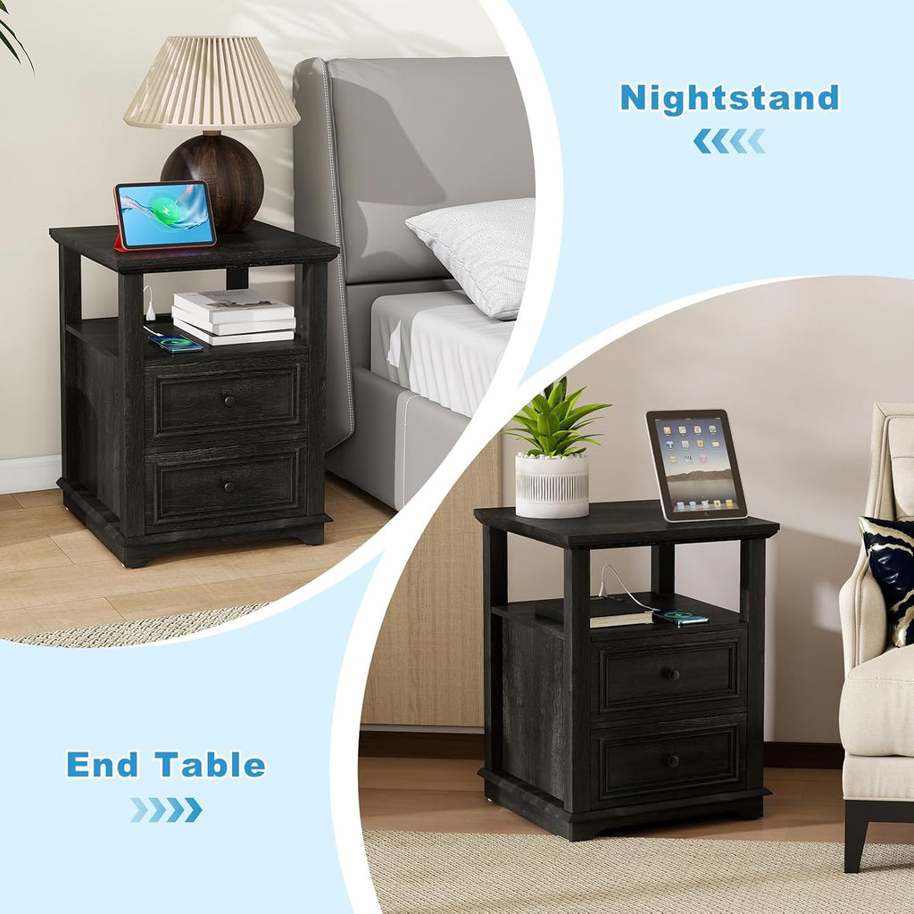 Vipbear Farmhouse Nightstand 18' Dark Gray End Table with Charging Station & 2 Drawers, Rustic Bedside Table with Storage Shelf for Bedroom, Living Room,18.1' D x 18.1' W x 24.2' H, Set of 2