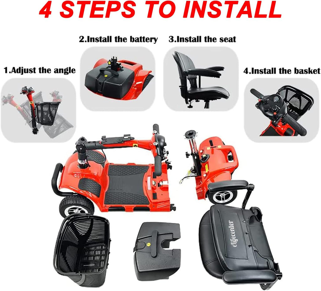 4-Wheel Mobility Scooter - Portable Folding Mobility Scooters for Adults - 12V12AH Battery Power Electric Mobility Scooters for Seniors, Adults, Handicapped, Elderly (Red)