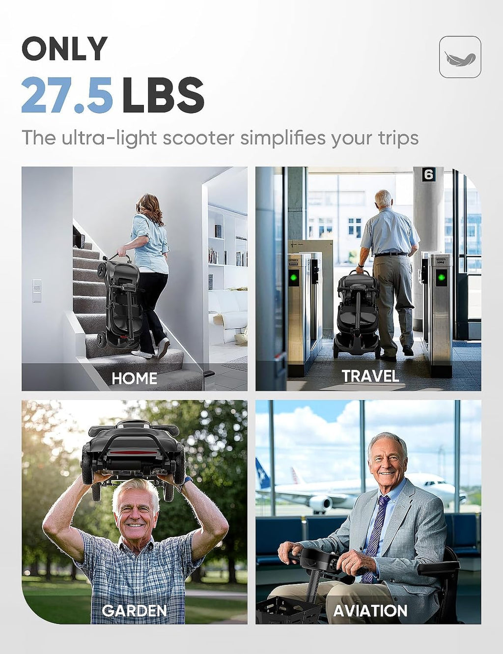 Mobility Scooters for Adults & Seniors - Ultra Lightweight 27.5 lbs Carbon Fiber Folding Electric Scooter - Airlines Approved All-Terrain Portable Scooter with Basket and Charger Included-Carbon Black
