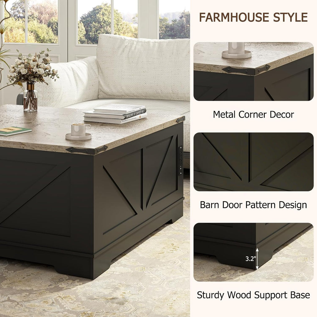 EAG 40' Large Farmhouse Lift Top Coffee Table with Hidden Compartment & Power Outlets, Square Wooden Coffee Table with Multi-Function Flip-Top Ample Storage Center Table for Living Room, Black