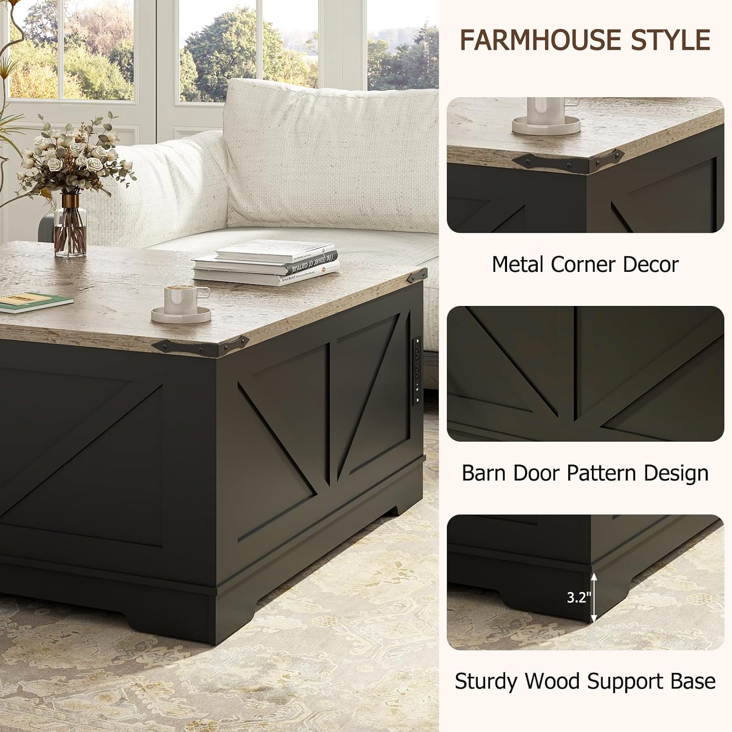 EAG 40' Large Farmhouse Lift Top Coffee Table with Hidden Compartment & Power Outlets, Square Wooden Coffee Table with Multi-Function Flip-Top Ample Storage Center Table for Living Room, Black