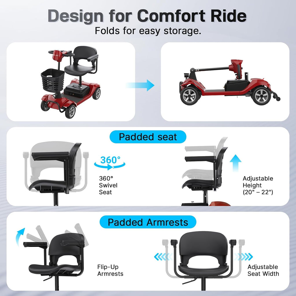 Hoverfly T4 Mobility Scooter for Seniors, Max 12.4-Mile Range & 3.7 mph, 3-Position Seat & Anti-slip Rear Wheel, Removed Battery&Quick Fold Design, Solid 9' Tire &330 lb Capacity, Ease of Assembly Red