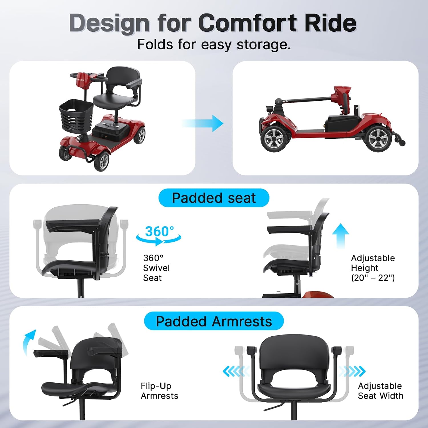 Hoverfly T4 Mobility Scooter for Seniors, Max 12.4-Mile Range & 3.7 mph, 3-Position Seat & Anti-slip Rear Wheel, Removed Battery&Quick Fold Design, Solid 9' Tire &330 lb Capacity, Ease of Assembly Red