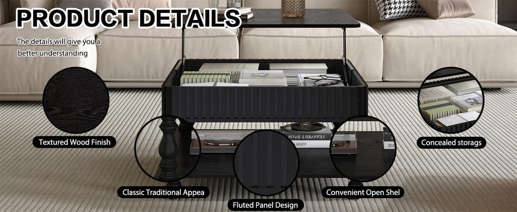 HARR Lift Top Square Coffee Table with Storage, 31.5'' Sofa Side End Table, Fluted Design Hydraulic Raising Mechanism, Hidden Compartment & Open Shelf, Retro Solid Wood Legs for Living Room, Black