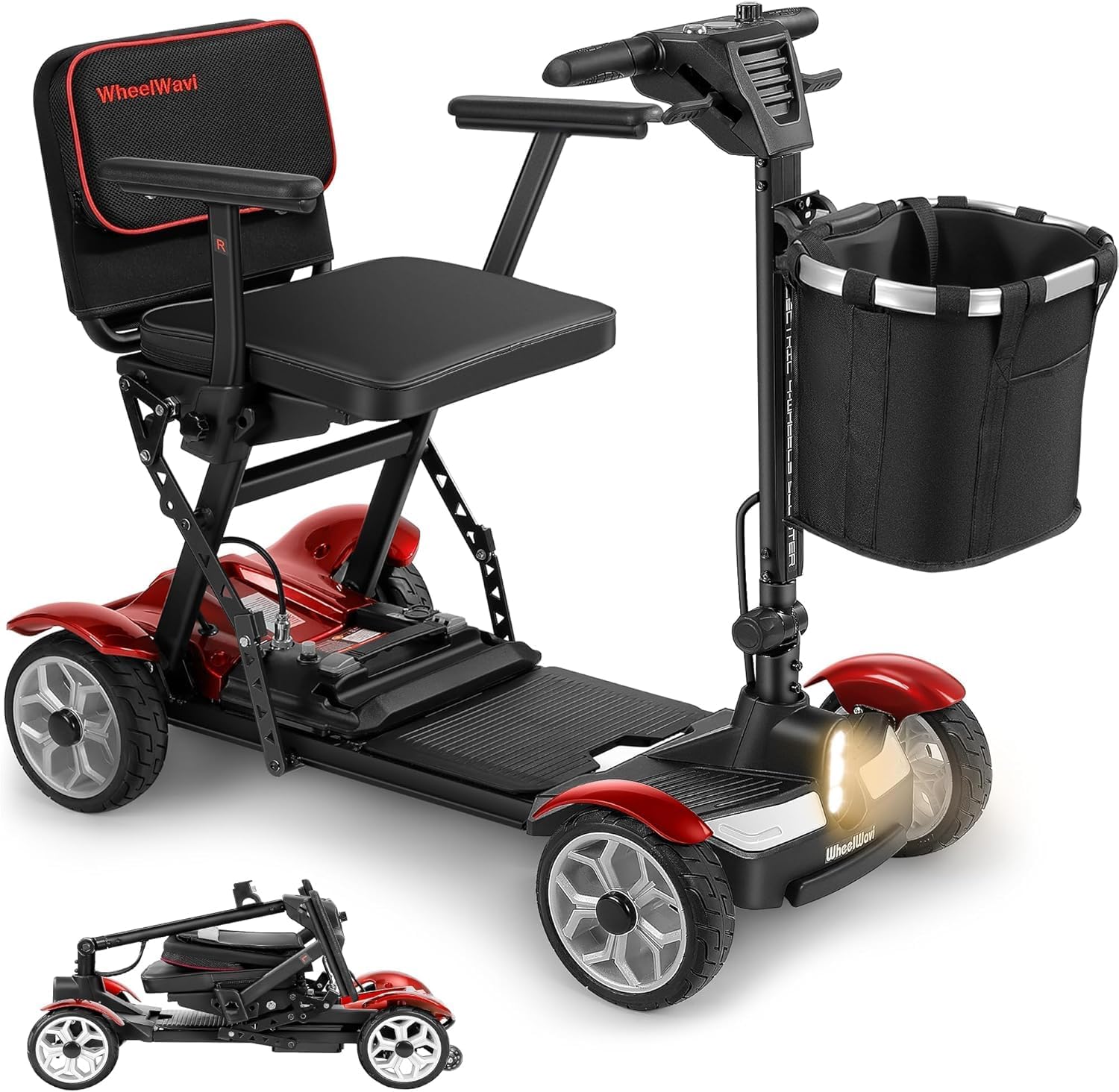 Wheelwavi Lightweight Mobility Scooter for Seniors, 20-25 Miles Portable Mobility Scooter for Travel, Removable Lithium Battery, Scooter for Adults with 330 lbs Capacity LED Headlights-RED