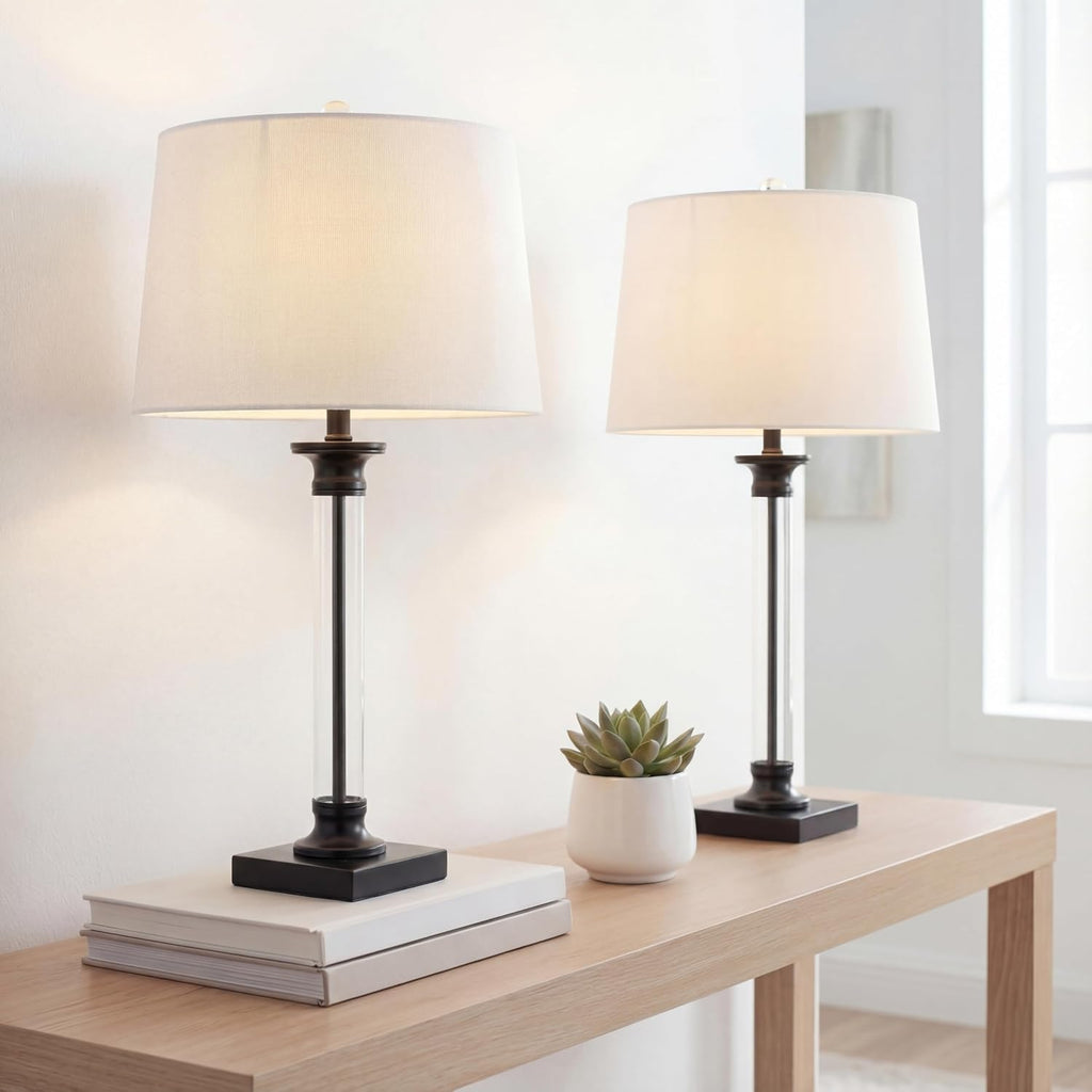JONATHAN Y 30' Black/Clear Glass and Metal Column Table Lamp Set of 2 for Living Room Bedroom, Traditional Iron Base with White Linen Drum Shade, LED Bulbs Included JYL1008A-SET2