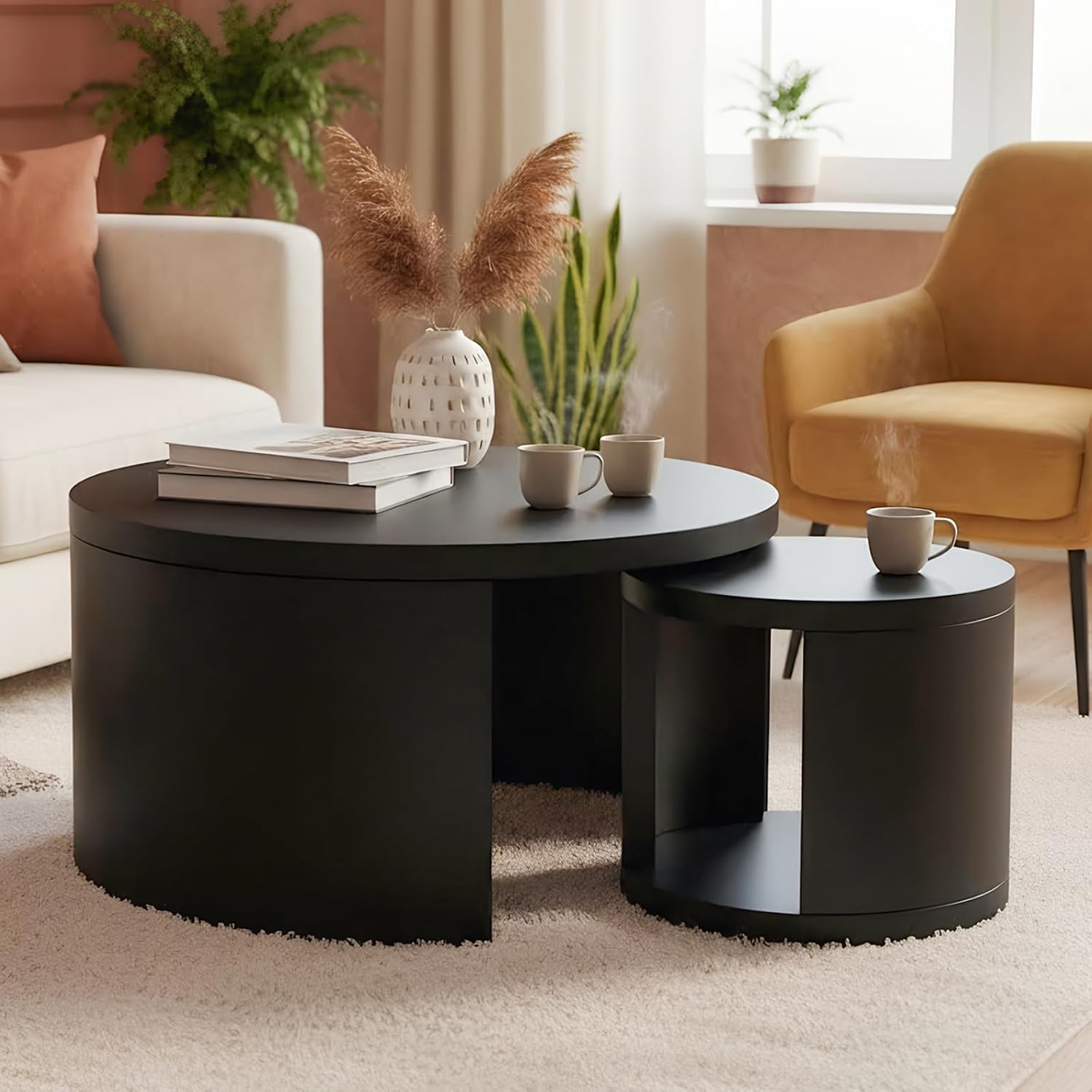 Round Coffee Table Set of 2, Nesting Coffee Tables with Storage, Living Room Table Set, Modern Wood Center Table for Living Room, Apartment, 31.5' & 18' Accent Table Set, Black