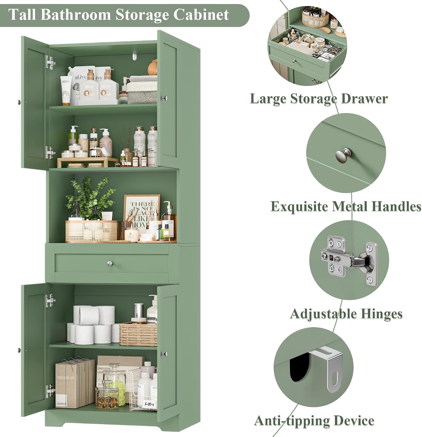 Tall Bathroom Storage Cabinets with Drawer, Modern Linen Cabinet with Doors & Shelves, 67'H Tall Storage Cabinet Freestanding for Bathroom, Dining Room, Kitchen & Pantry, Laundry, Narrow Corner, Green