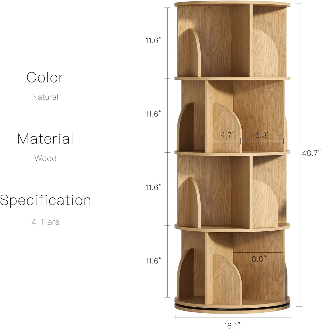 YOWOS Rotating Bookshelf, Small Corner Bookshelf for Small Space, 360 Display Floor Standing Bookcase Storage Rack, Wood Narrow Book Shelf Organizer for Bedroom, Living Room (Wood, 4 Tiers)