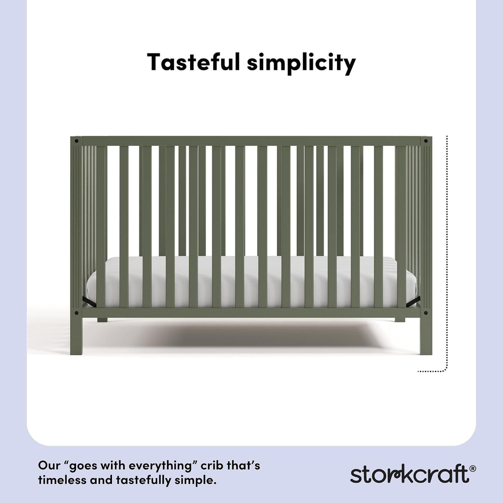 Storkcraft Morningside 5-in-1 Convertible Crib – GREENGUARD Gold Certified, Fits Standard Crib Mattress, Converts to Toddler Bed, Daybed and Full Bed, 4 Adjustable Mattress Heights (Olive)