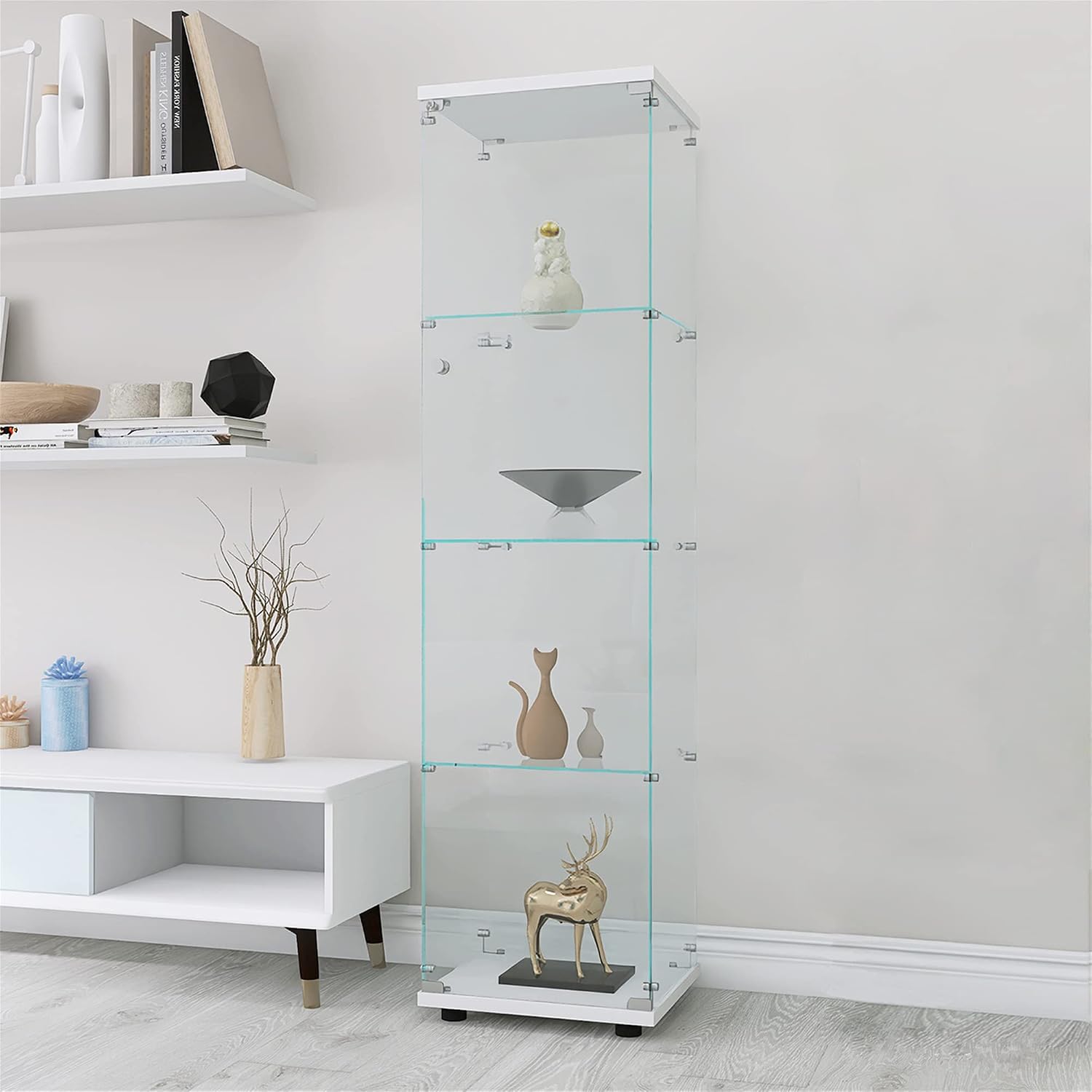 64' 4 Shelves Display Cabinet with One Door,Floor Standing Corner Curio Glass Cabinets Case W/Locks,Transparent Full Viewing Angle Bookshelf for Living Room,Bedroom,White
