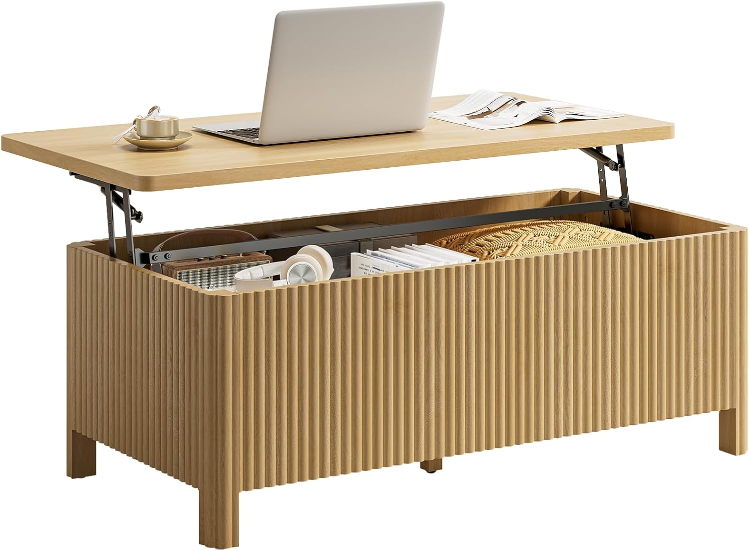ONBRILL Fluted Lift Top Coffee Table with Storage, Mid Century Modern Coffee Table with Hidden Compartment, Rising Top Wood Center Table for Living Room, Home Office, Rounded Edges (Natural Oak)