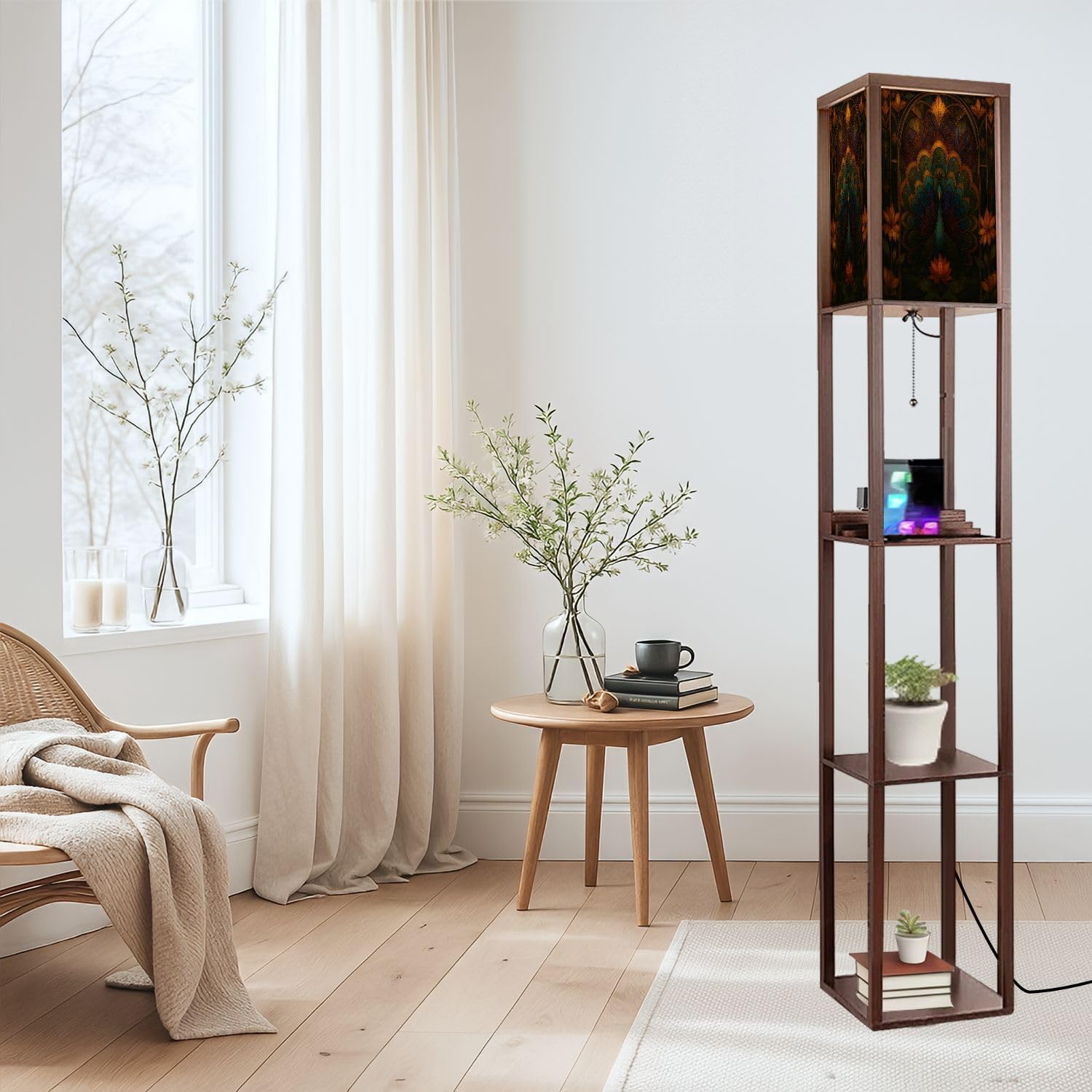 Floor Lamp with Shelves Asymmetrical Peacock Stained Glass Art Geometric Feather Design Standing Tall Lamp USB Ports & Power Outlet Modern Corner Lamp Nightstand Light for Living Room Bedroom