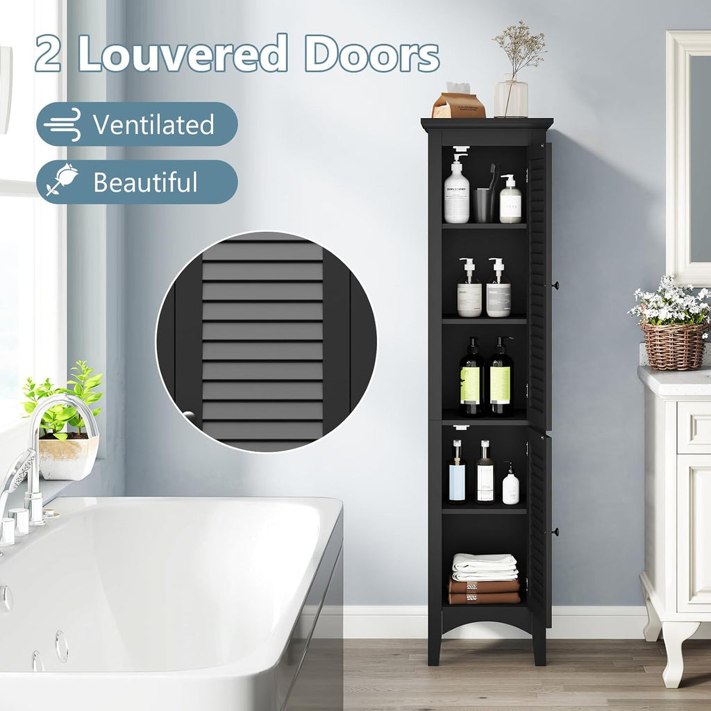 Giantex 63' Tall Bathroom Cabinet, Narrow Floor Cabinet w/ 2 Louvered Doors & Adjustable Shelf, Elevated Legs & Anti-toppling Design, Freestanding Storage Organizer for Bathroom, Living Room, Kitchen