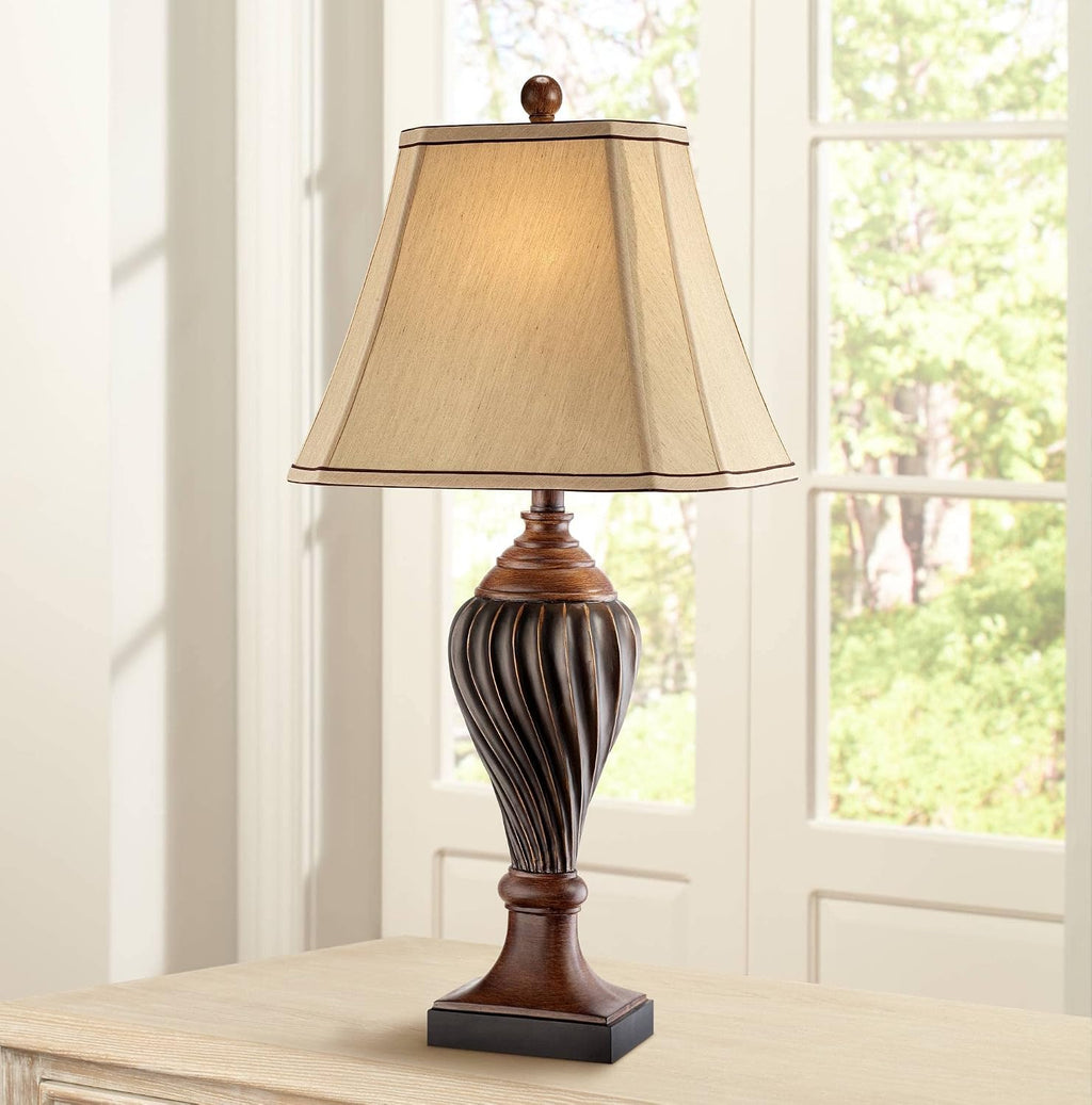 Regency Hill Carved 28 1/2' Tall Urn Traditional End Table Lamps Set of 2 Two-Tone Brown Finish Beige Shade Living Room Bedroom Bedside Nightstand House Office Home Kitchen Entryway Console Family