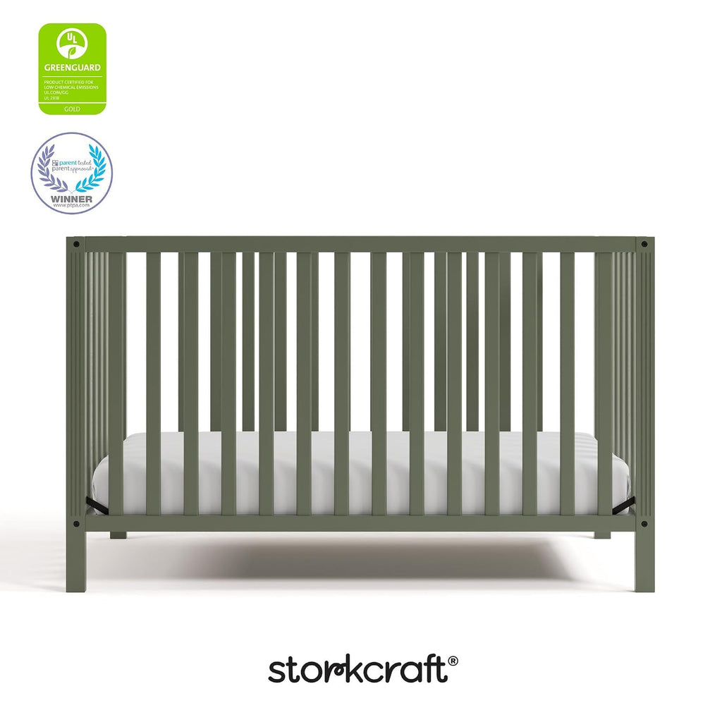 Storkcraft Morningside 5-in-1 Convertible Crib – GREENGUARD Gold Certified, Fits Standard Crib Mattress, Converts to Toddler Bed, Daybed and Full Bed, 4 Adjustable Mattress Heights (Olive)