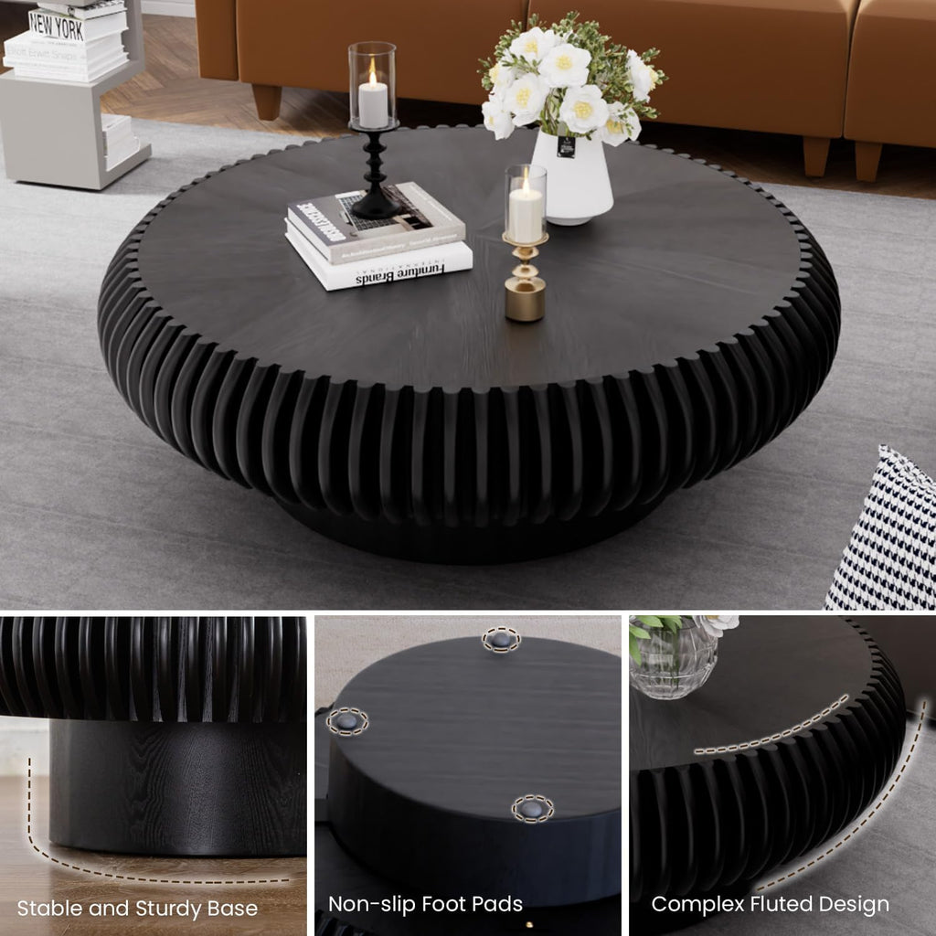 39.3' Drum Coffee Table Modern Unique Fluted Tea Table Contemporary Wood Round Coffee Table with Fluted Centry Table for Living Room Walnut (39.3' Black)