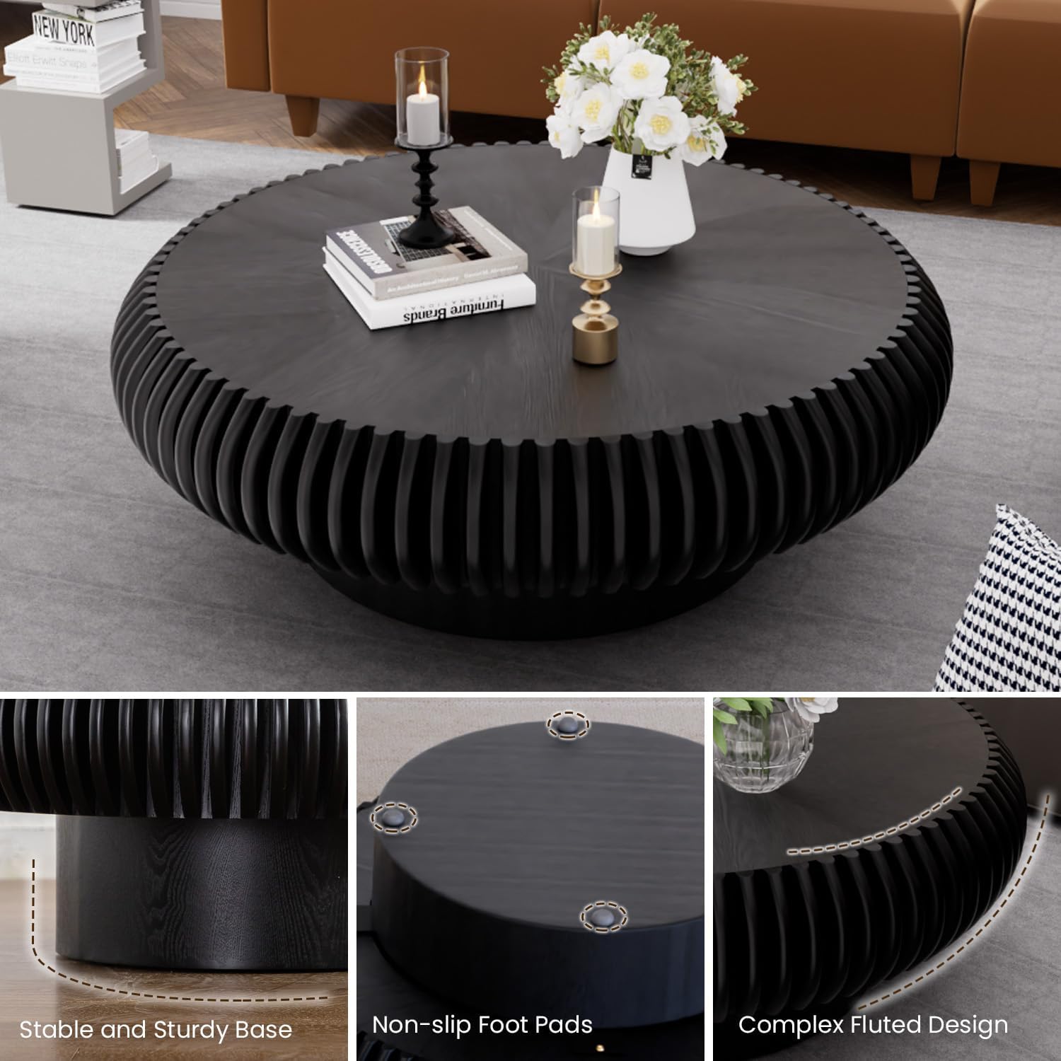 39.3' Drum Coffee Table Modern Unique Fluted Tea Table Contemporary Wood Round Coffee Table with Fluted Centry Table for Living Room Walnut (39.3' Black)