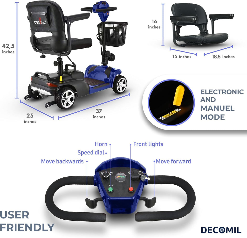 DECOMIL Mobility Scooter for Seniors – 20 Miles Range, 4 Wheel Foldable Electric Scooter, 24V 20Ah Battery, 300W Motor, 285 lbs Capacity, Travel Scooter with USB Charging Input,