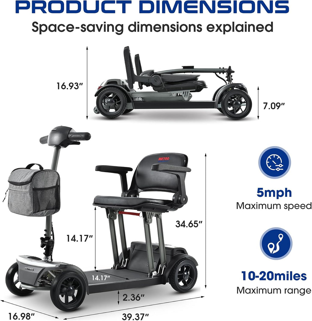 Mobility Mobility Scooter for Seniors and Adults, Lightweight Foldable 42 lbs Aluminum Frame, Airline-Approved 20Ah Lithium Battery, 265 lbs Capacity, Brushless Motor, LED Lights, USB Port