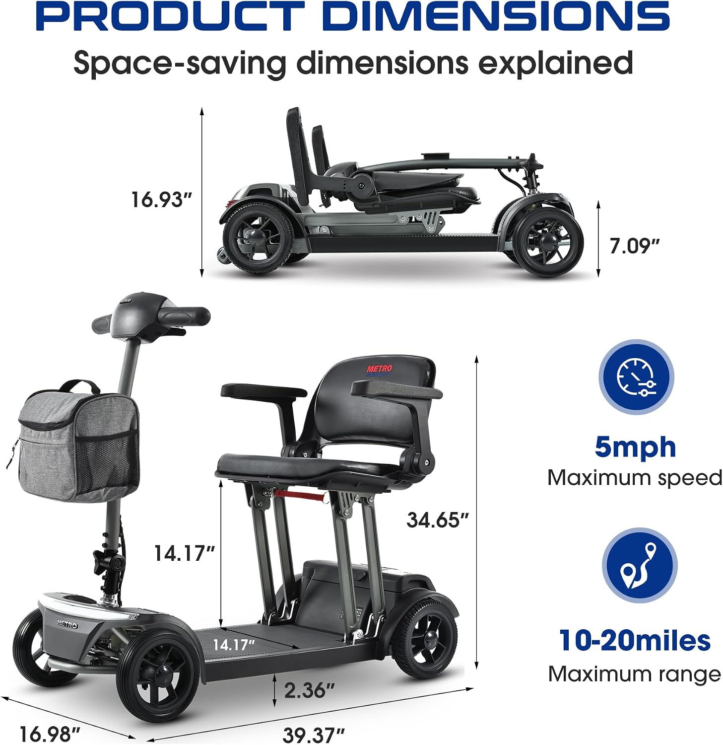 Mobility Mobility Scooter for Seniors and Adults, Lightweight Foldable 42 lbs Aluminum Frame, Airline-Approved 20Ah Lithium Battery, 265 lbs Capacity, Brushless Motor, LED Lights, USB Port