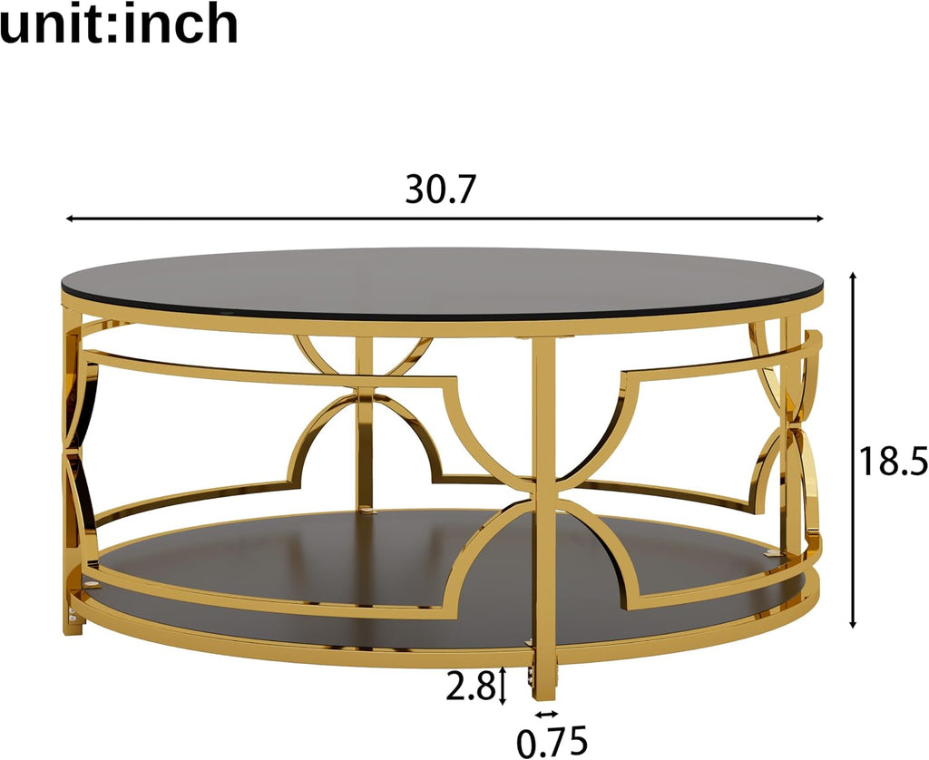 Merax 30.7' Round Tempered Glass Coffee Table, Luxurious Gold Geometric Metal Frame Side Table with Lower Storage Shelf, Modern Accent End Tables for Living Room, Bedroom, Apartment, Office, Black