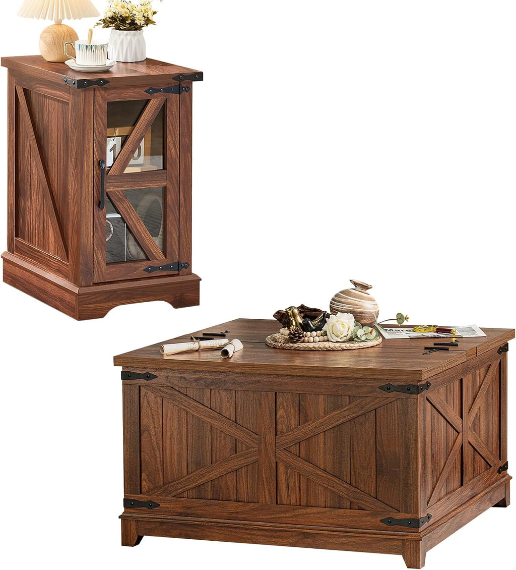 Joaxswe Farmhouse Coffee Table Sets 2 Pieces, Narrow Night Stand with Glass Barn Door Storage, Large Coffee Tables with Hidden Storage Organizer, Wood Furniture Sets for Living Room, Office, Brown