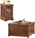 Joaxswe Farmhouse Coffee Table Sets 2 Pieces, Narrow Night Stand with Glass Barn Door Storage, Large Coffee Tables with Hidden Storage Organizer, Wood Furniture Sets for Living Room, Office, Brown