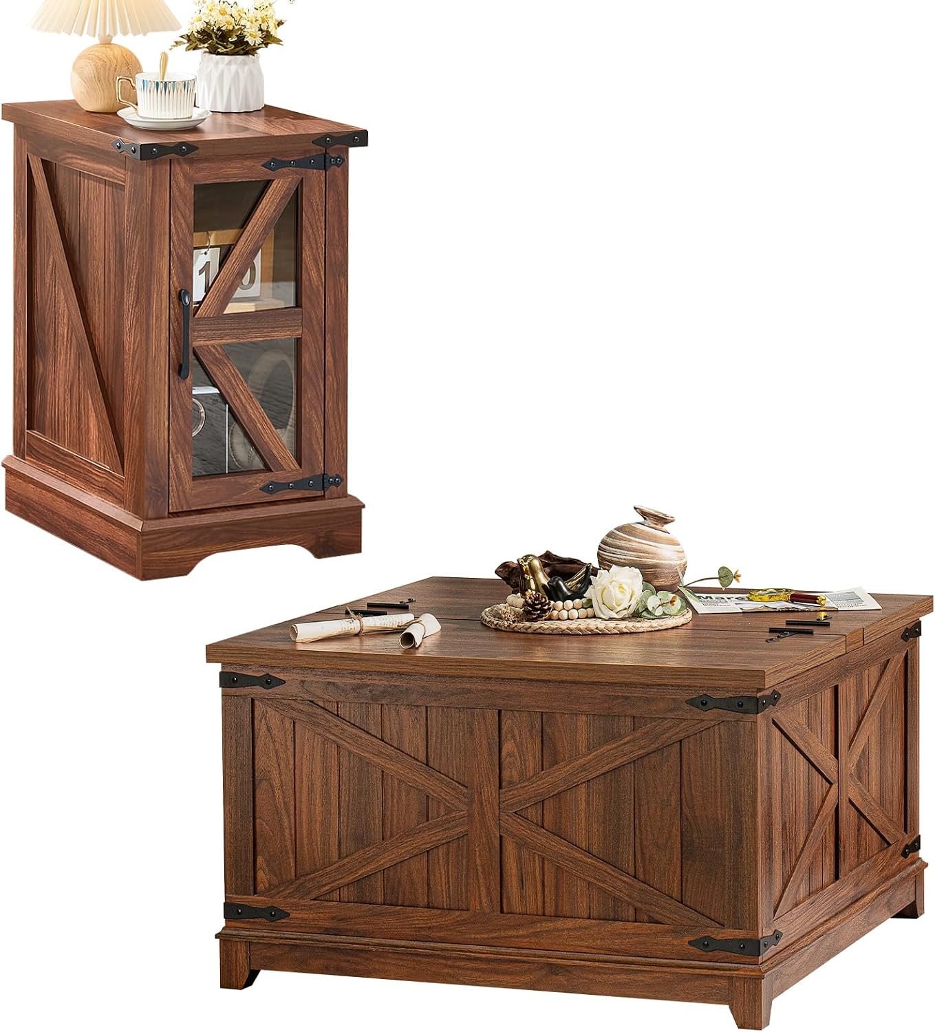 Joaxswe Farmhouse Coffee Table Sets 2 Pieces, Narrow Night Stand with Glass Barn Door Storage, Large Coffee Tables with Hidden Storage Organizer, Wood Furniture Sets for Living Room, Office, Brown
