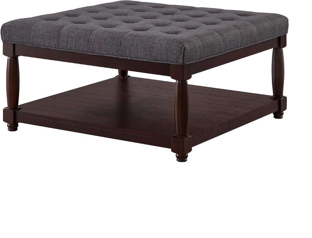 GDFStudio Large Square Upholstered Tufted Linen Ottoman Coffee Table with Solid Wood Frame and Open Storage Shelf, Nailhead Trim Accent Footrest for Living Room, Dark Gray