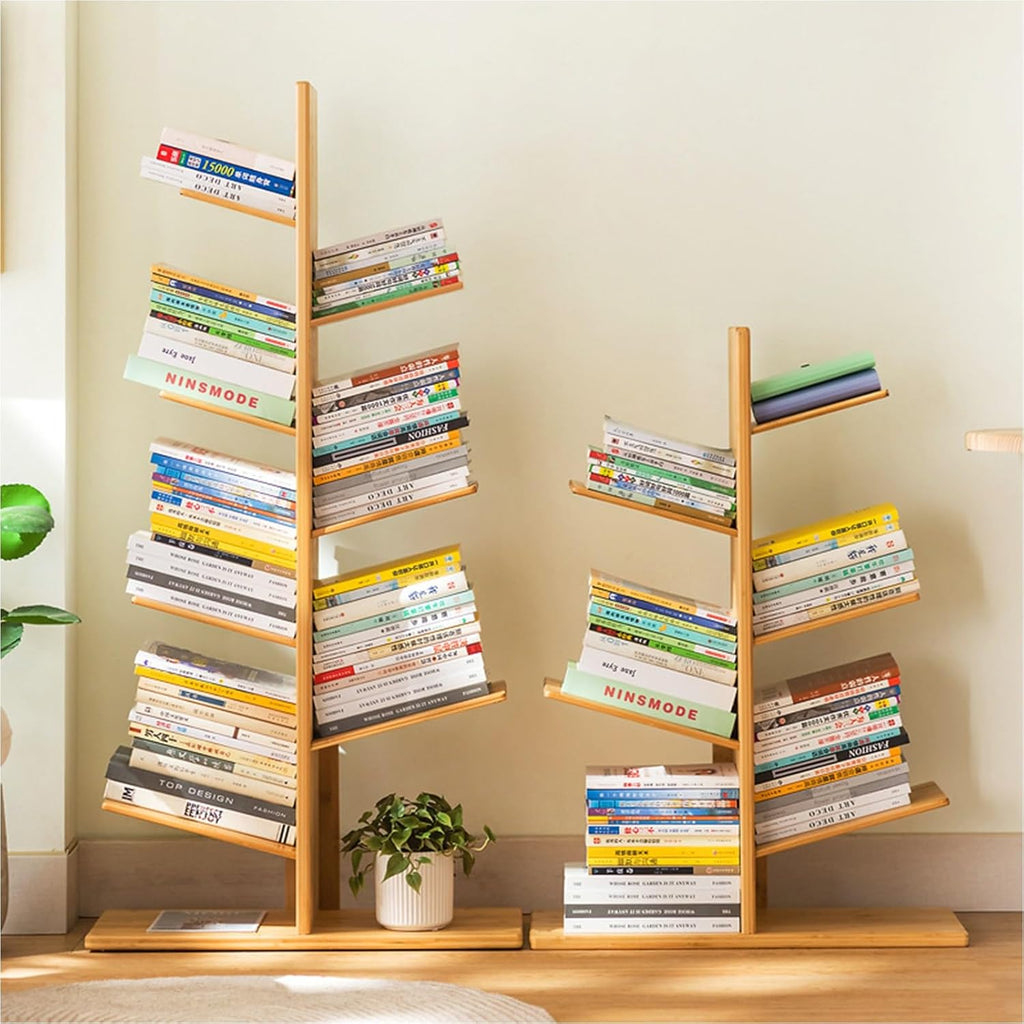 Bamboo Tree Bookshelf Organizer for Living Room and Home Office Modern Standing Bookcase for Cds Albums Books and Files Stylish Corner Shelf for Bedroom Storag,Grey-120cm/47.2in