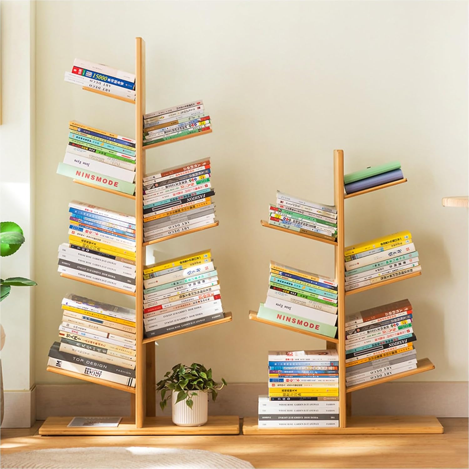 Bamboo Tree Bookshelf Organizer for Living Room and Home Office Modern Standing Bookcase for Cds Albums Books and Files Stylish Corner Shelf for Bedroom Storag,Grey-120cm/47.2in