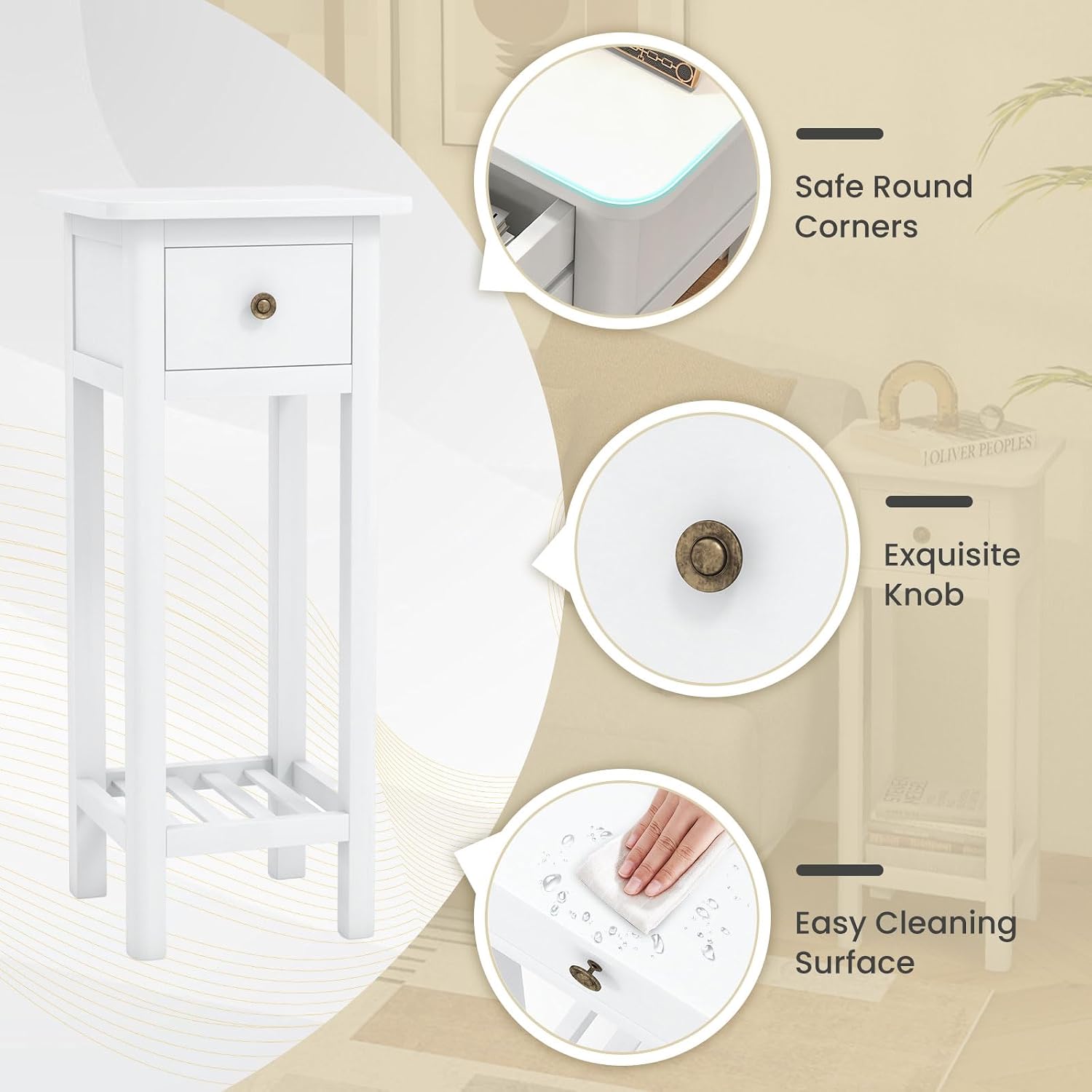 BECOMFORT Wooden End Table, Acacia Wood Bedside Table w/Shelf & Handy Drawer, Narrow Nightstand for Small Spaces in Living Room & Bedroom, No Assembly Required, 13.5' x 11.5' x 31.5' (2, White)