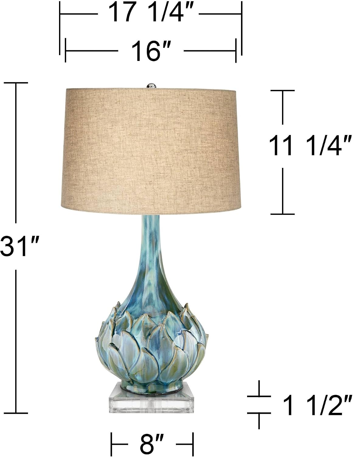 Possini Euro Design Kenya Modern Tropical Table Lamp with Riser 31' Tall Blue Green Ceramic Beige Linen Drum Shade for Living Room Bedroom House Bedside Home Office Entryway (Color May Vary)