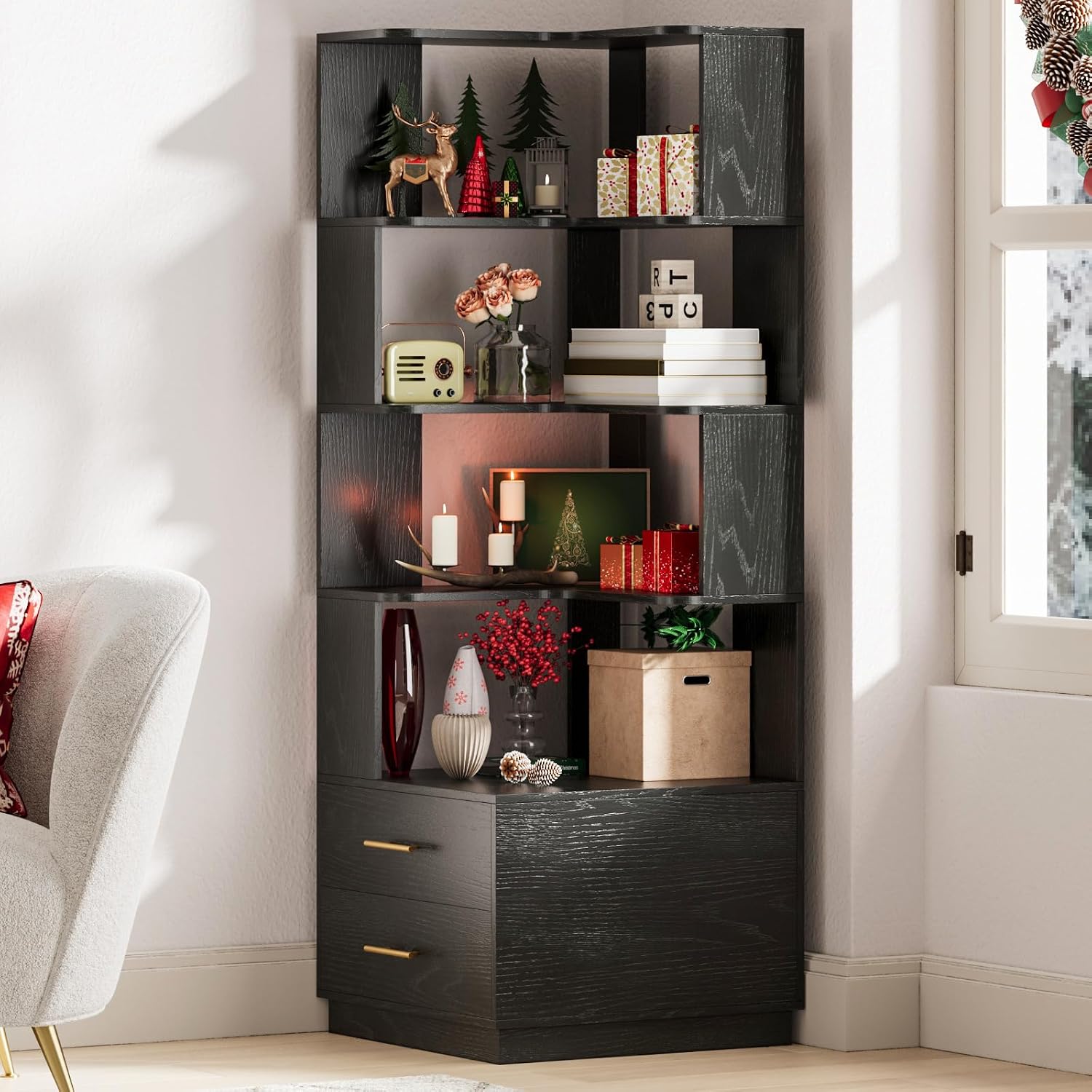 Corner Bookshelf with Drawers,66.9' L Shaped Tall Bookshelf and Bookcase,5 Tier Corner Bookcase with Storage Display Shelf Stand for Home Office, Living Room, Bedroom, Kitchen
