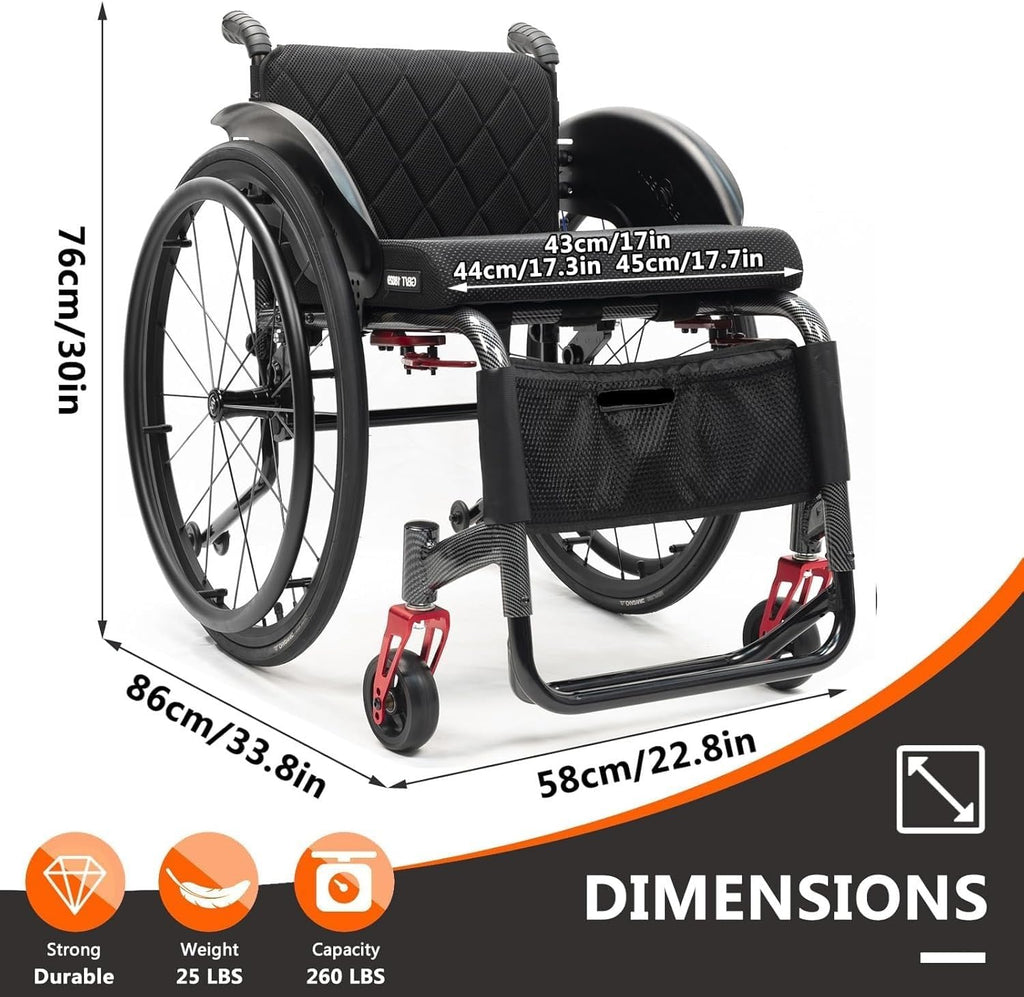 Aluminium Sports Wheelchair,Ultralight Transit Travel Wheelchair,Lightweight Transport Wheelchair,Portable Fast Self-Propelled Wheelchair,Quick Releasefor Rear Wheel,Manual Brake,Storage Bag(43cm/17in