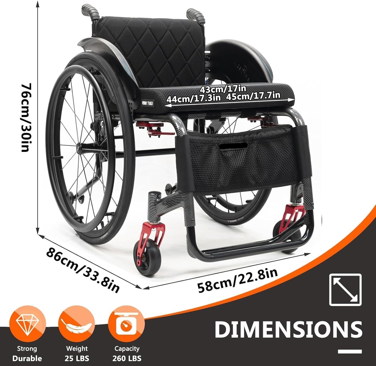 Aluminium Sports Wheelchair,Ultralight Transit Travel Wheelchair,Lightweight Transport Wheelchair,Portable Fast Self-Propelled Wheelchair,Quick Releasefor Rear Wheel,Manual Brake,Storage Bag(43cm/17in