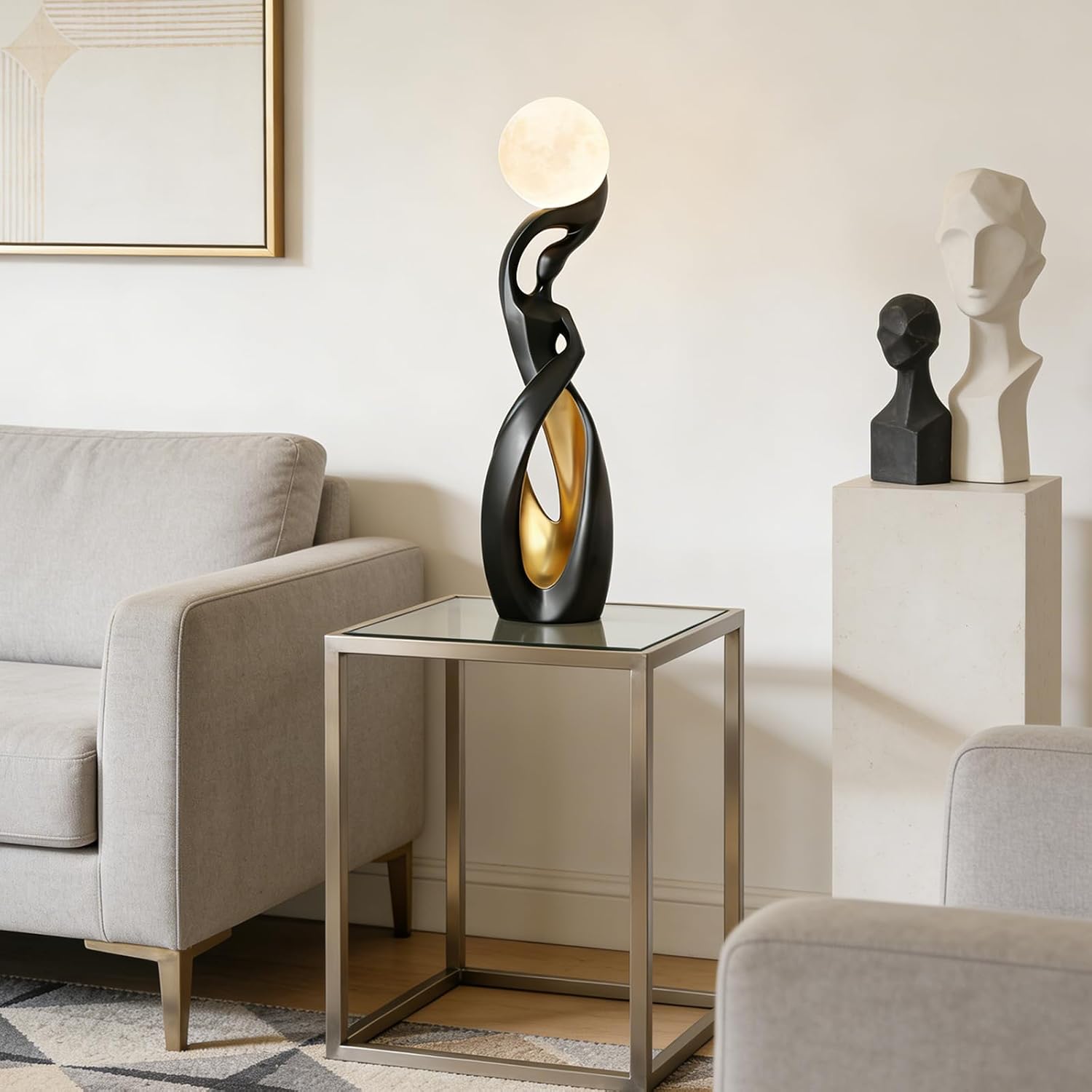Modern Black and Gold Floor Lamp,Art Unique Corner Standing Light | Decorative Rechargeable Moon Tall Lamp Or Resin Creative Stylish Decor Lamps for LivingRoom,BedRoom