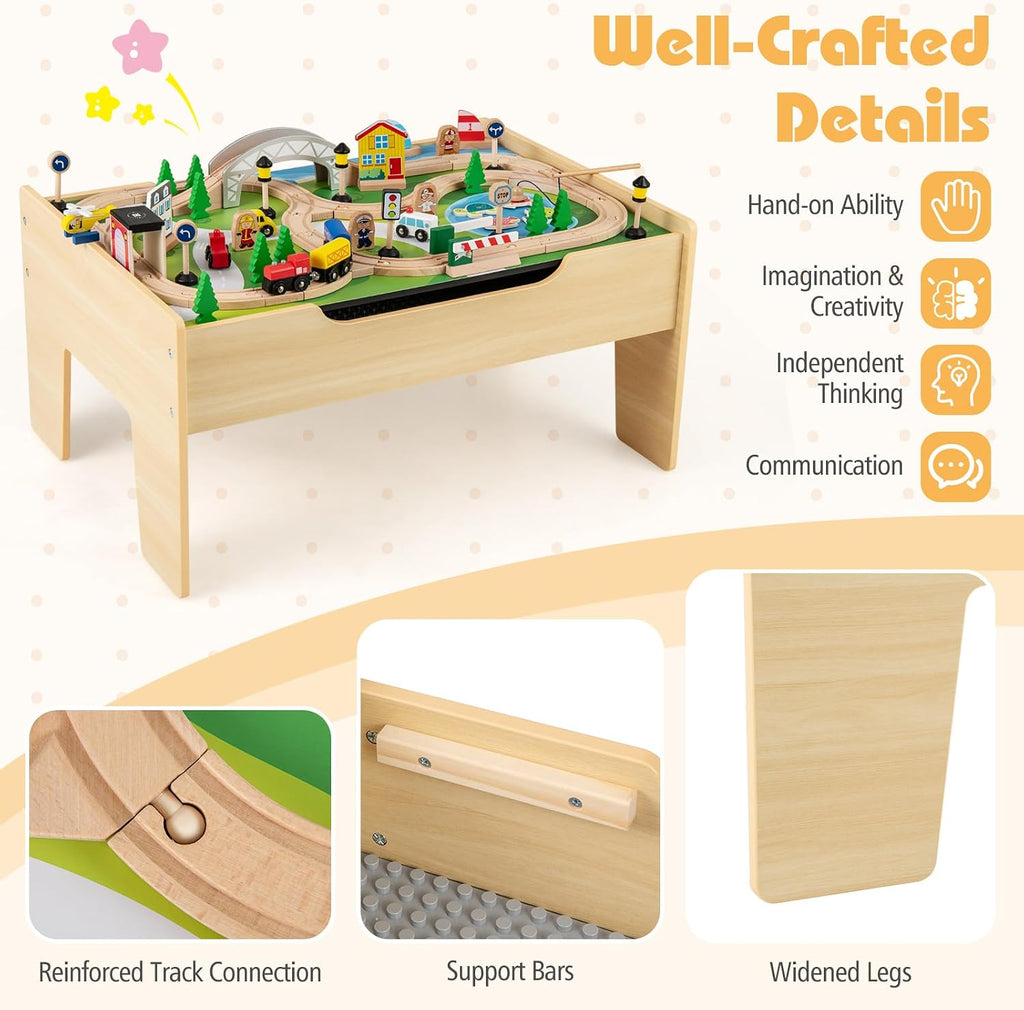 Costzon Train Table, 5 in 1 Kids Activity Wooden Set w/ 78 Pieces Railway Playset, Reversible Map Top, Blackboard, Building Bricks Station & Large Storage Space, Toddler Sensory Table for 18 M+