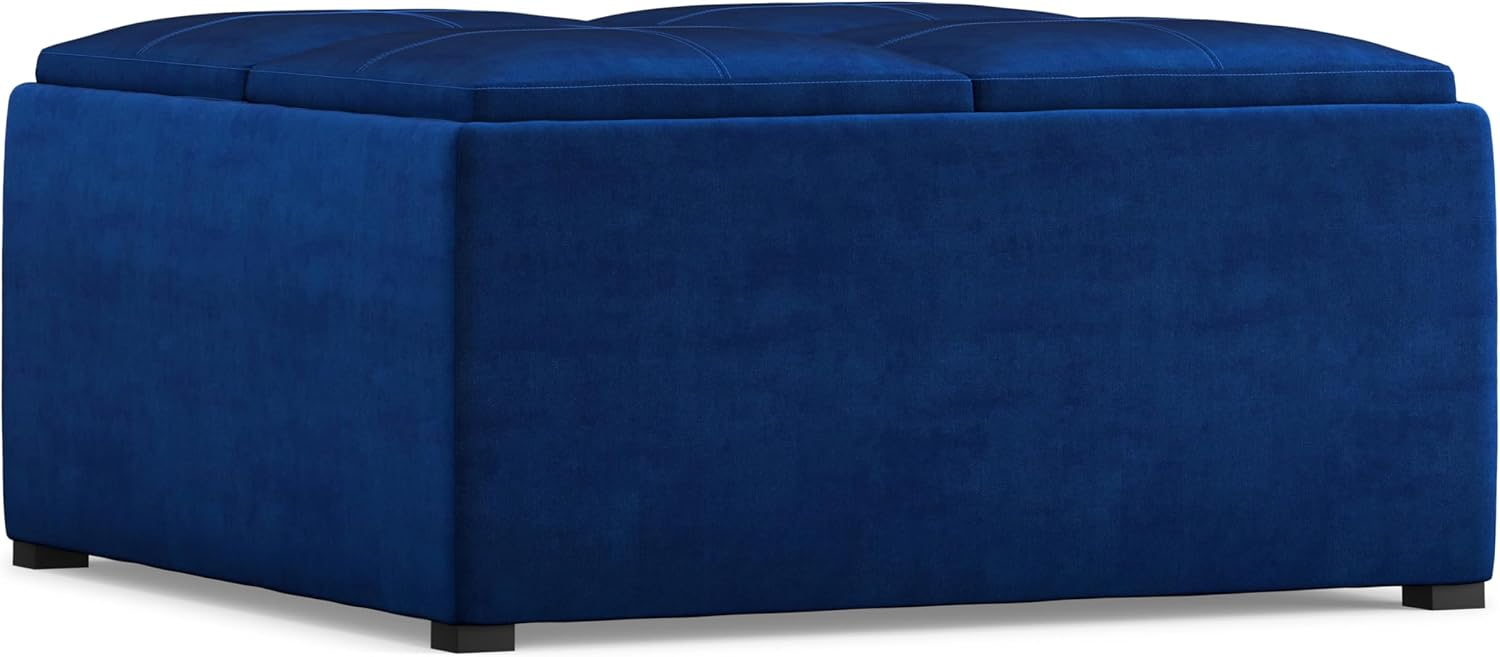 SIMPLIHOME Avalon Wide Contemporary Square Coffee Table Storage Ottoman, Blue, Table Ottoman