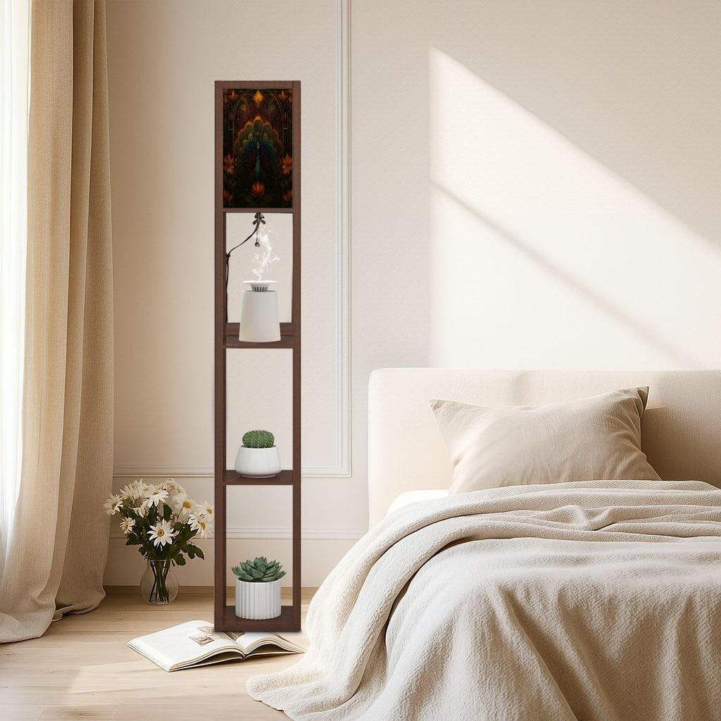 Floor Lamp with Shelves Asymmetrical Peacock Stained Glass Art Geometric Feather Design Standing Tall Lamp USB Ports & Power Outlet Modern Corner Lamp Nightstand Light for Living Room Bedroom