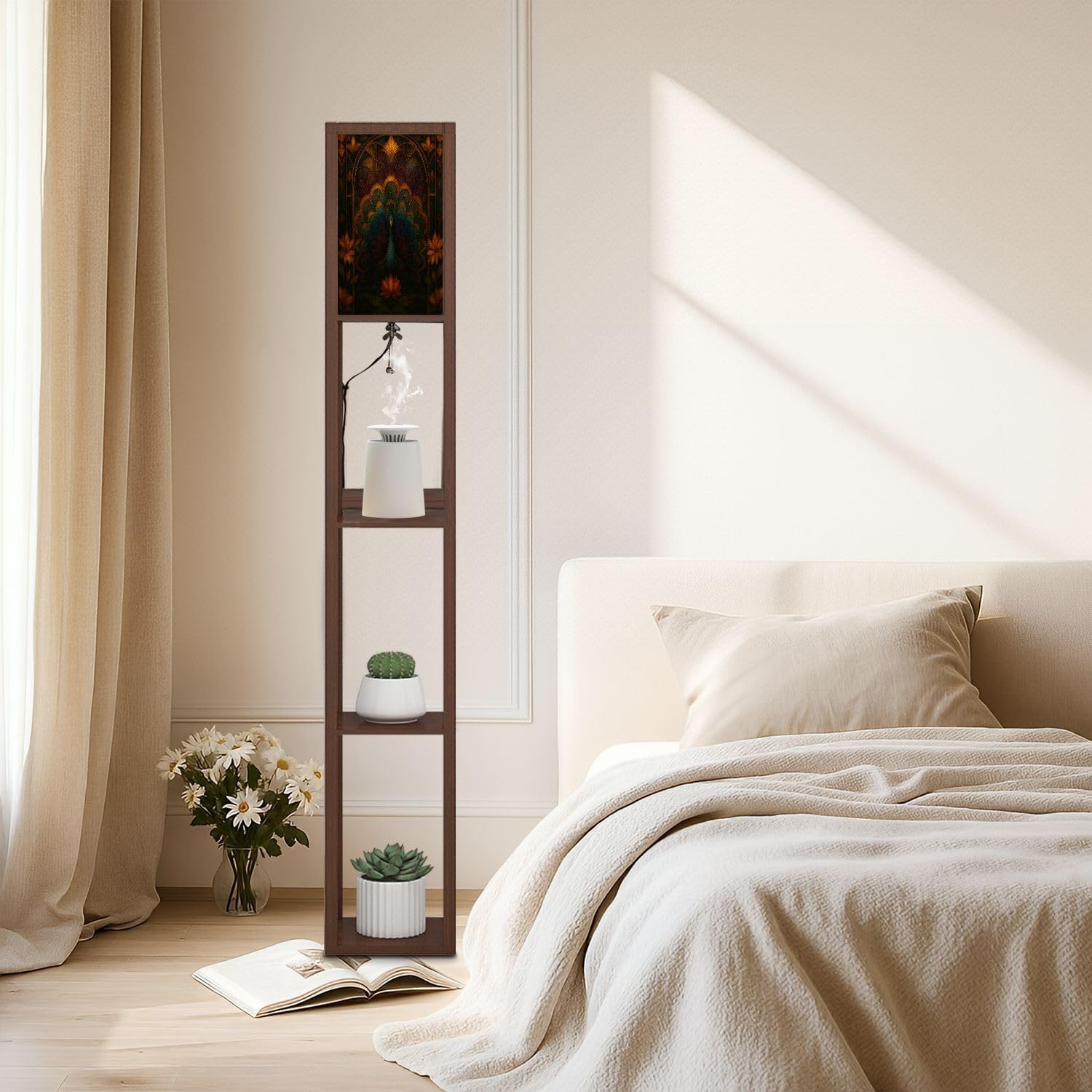 Floor Lamp with Shelves Asymmetrical Peacock Stained Glass Art Geometric Feather Design Standing Tall Lamp USB Ports & Power Outlet Modern Corner Lamp Nightstand Light for Living Room Bedroom